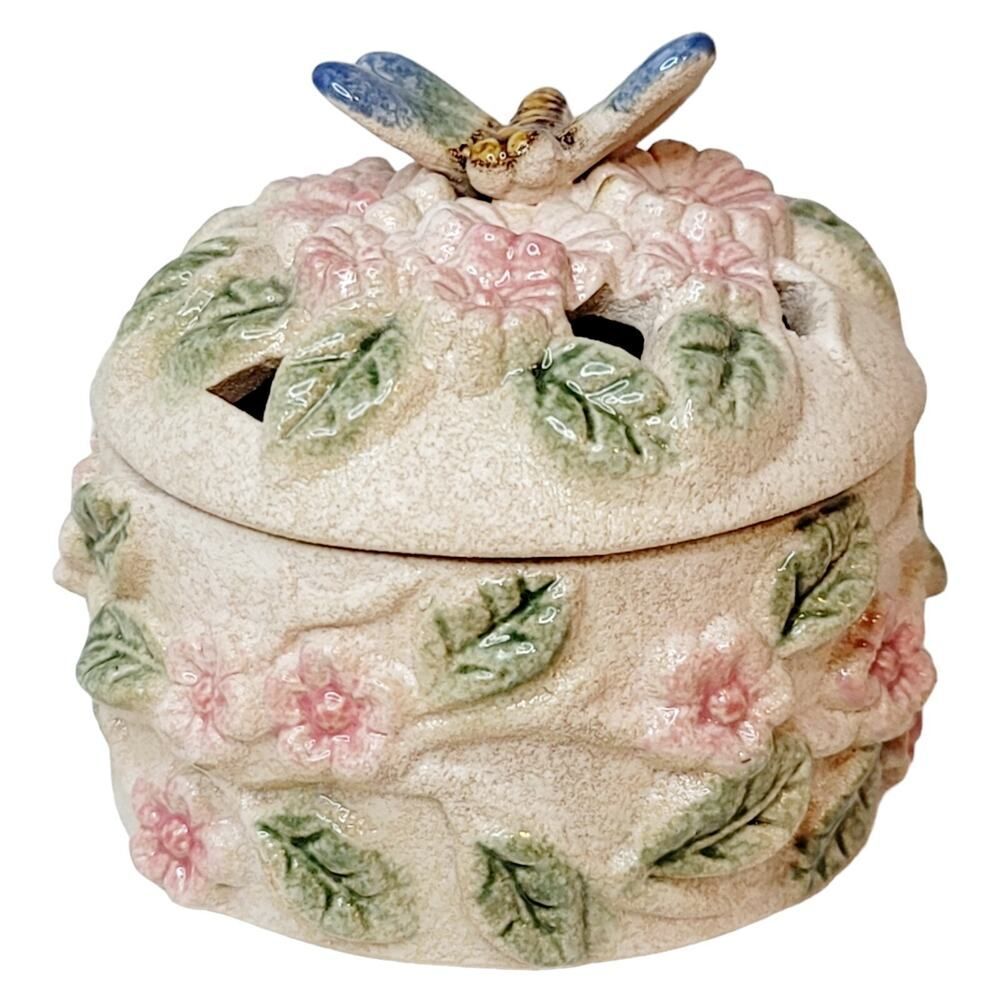 Vintage Potpourri Trinket Box Lidded Jewelry Box With Dragon Fly Floral